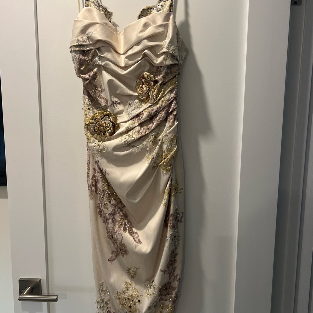 Luxurious Cream and Gold Floral Midi Dress